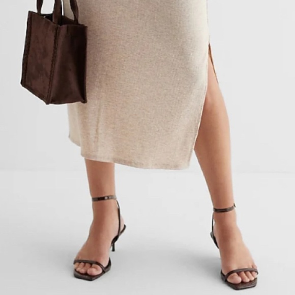 Express Ribbed Mock Neck Midi Dress Oatmeal Heather M - Picture 4 of 7